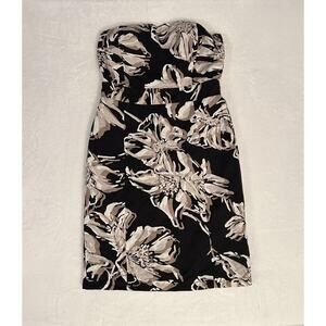 Banana Republic Strapless Linen Blend Black Floral Dress Size 4 Preppy Prep